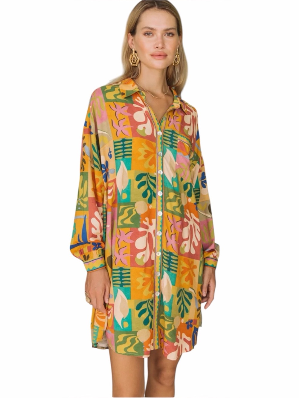 Nine Lives Bazaar 2 Liberty Oversized Shirt Dress Midi Vivid Long Sleeve Bright